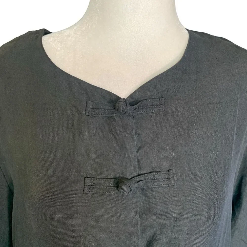 Vintage Anne Larsson Oversized Black Silk Top Long Sleeve Knot Buttons Asian